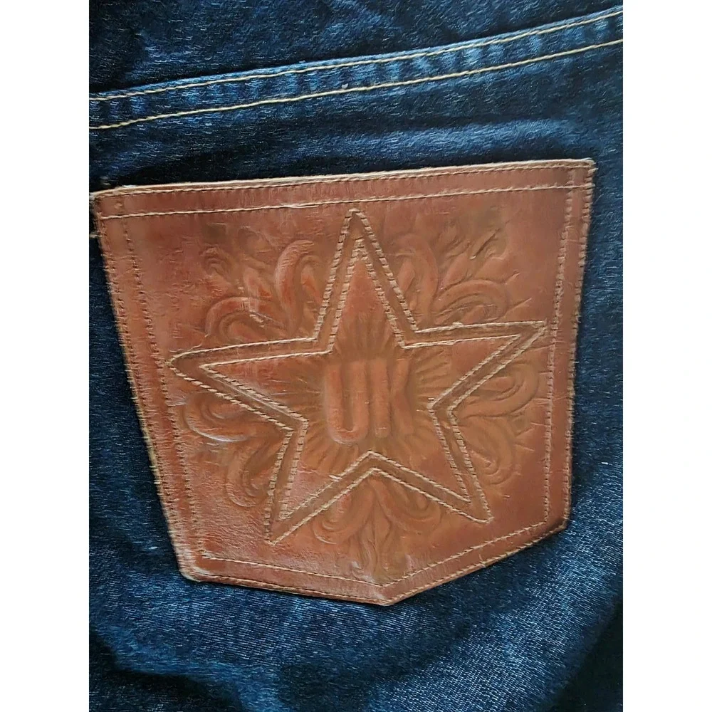 FCUK Jeans Denim Skirt Women's Size 8 Brown Leather Star Pockets Blue Pencil NEW - Picture 8 of 8